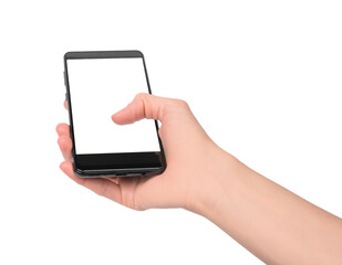 Smartphone in a female hand with a blank white screen on a white background. mobile phone display mockup