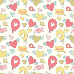 Seamless pattern with balloons, hearts, gifts and confetti.