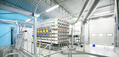 Reverse osmosis industrial city water treatment station. Wide view on the hall. Technology,...