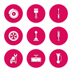 Set Gear shifter, Car mirror, Signal horn on vehicle, Shock absorber, service, wheel, Screwdriver and brake disk with caliper icon. Vector