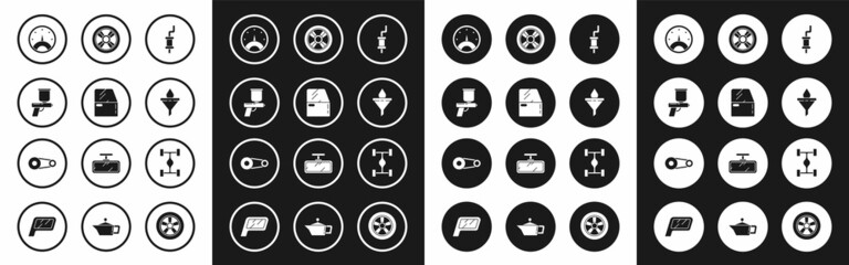 Set Car muffler, door, Paint spray gun, Speedometer, Funnel filter and motor oil drop, wheel, Chassis car and Timing belt kit icon. Vector