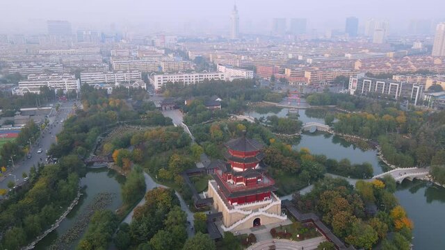 Aerial photography of Chinese garden landscape in downtown Jining