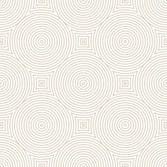 Fototapeta na wymiar Ethnic Linear Circles Seamless Pattern Vector Light Abstract Background. Circular Beige Lines Geometric Endless White Wallpaper. Decorative Ornamental Viking Tribe Style Repetitive Subtle Pattern