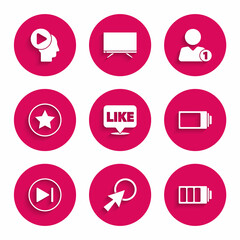 Set Like in speech bubble, Arrow cursor, Battery charge level indicator, Fast forward, Star, Add friend and Head people with play button icon. Vector