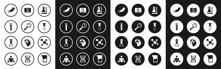 Set Test tube flask on stand, Microorganisms under magnifier, chemical, Bacteria, laptop, Molecule and icon. Vector