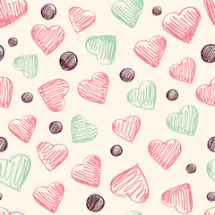 Seamless background of hearts in pastel colors. Great for baby, valentine's day, mother's day, wedding, scrapbook, surface textures.