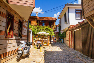 City landscape - view of the old streets and homes in balkan style, the Old Town of Nessebar, on the Black Sea coast of Bulgaria
