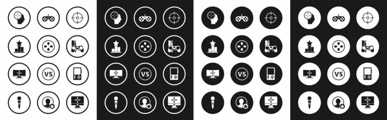 Set Target sport, Gamepad, Star, Head hunting concept, console with joystick, Portable video game and Computer monitor icon. Vector