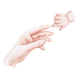 Mom and baby. Hands of mother and child. Motherhood. Happy family maternity concept; Hand drawn. Watercolor illustration. Newborn
