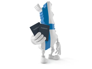 Finland character holding passports