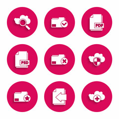 Set Delete folder, Next page arrow, Add cloud, Cloud and shield, Document with star, PSD file document, PDF and Search computing icon. Vector