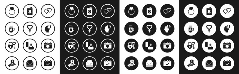 Set Two Linked Hearts, Female gender symbol, Coffee cup with 8 March, Wedding rings, human head, Greeting card, Calendar and Castle and key heart shape icon. Vector