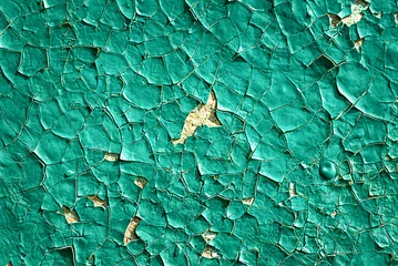 Fotobehang Afbladderende groene verf op vervaagde oude houten ondergrond © Albert Ziganshin