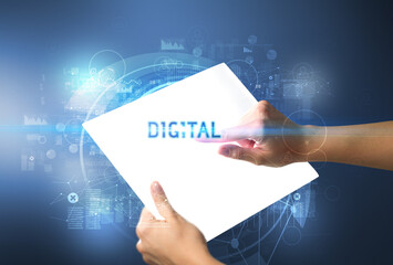 Hand holdig futuristic tablet , technology concept