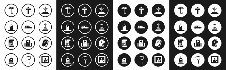 Set Grave with cross, Hearse car, Burning candle, Umbrella, Christian, Coffin and Decree, parchment, scroll icon. Vector