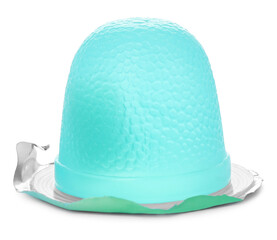 Delicious light blue jelly cup isolated on white