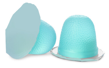 Delicious light blue jelly cups on white background