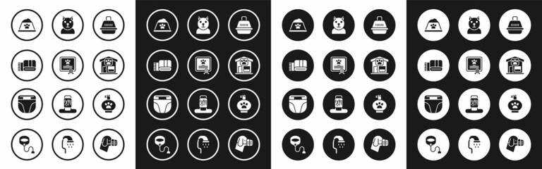 Set Pet carry case, Certificate for dog or cat, Towel stack, food bowl, grooming, Cat, shampoo and Diaper icon. Vector