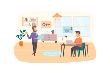 Development and testing software scene. Men programmers working on laptops, fixing bugs in program code, brainstorming. IT industry concept. Illustration of people characters in flat design