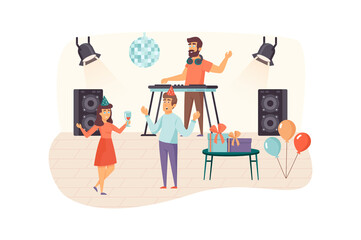 Man and woman having fun and dancing at party scene. DJ plays music at mixing panel at club. Holiday, celebration, pastime together concept. Illustration of people characters in flat design
