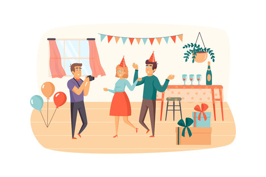 Couple having fun at home party scene. Photographer makes holiday photo shoot. Festive decorated room. Celebration of anniversary concept. Illustration of people characters in flat design