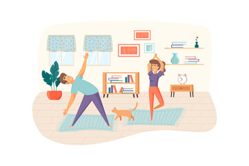 Pair yoga and home workouts scene. Man and woman doing exercise, balance position. Sport activities, meditation, healthy lifestyle concept. Illustration of people characters in flat design
