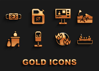 Set Trash can, Earthquake, Oil tanker ship, Global warming fire, Full dustbin, Television report, Medical protective mask and Bio fuel canister icon. Vector