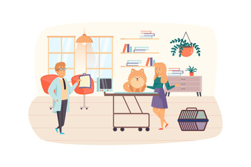 Veterinary clinic scene. Woman with dog visits vet, doctor examining puppy. Veterinarian medicine, pet care, healthcare, medical concept. Illustration of people characters in flat design