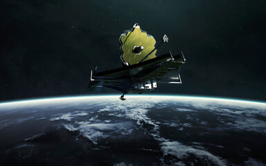 The James Webb telescope orbiting planet Earth. JWST launch art. Elements of image provided by Nasa