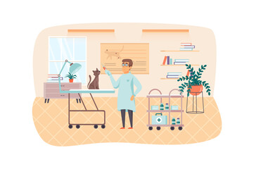 Veterinary clinic scene. Veterinarian examining and vaccinated cat. Doctors office interior. Vet medicine, pet health care, medical concept. Illustration of people characters in flat design