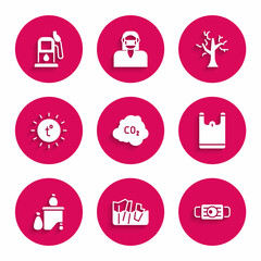 Set CO2 emissions in cloud, Glacier melting, Medical protective mask, Plastic bag, Full dustbin, Sun, Withered tree and Petrol or gas station icon. Vector