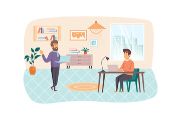 Office manager administers and organizes office work scene. Employee working on laptop. Management, business workflow optimization concept. Illustration of people characters in flat design