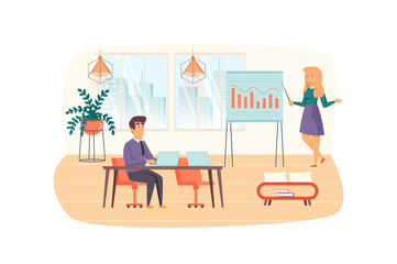 Office manager makes report presentation scene. Briefing with colleague, brainstorming. Management workflow, organizational matters concept. Illustration of people characters in flat design