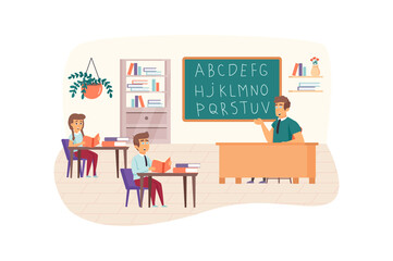 English lesson scene. Teacher explains topic, writes alphabet on blackboard. Pupils sit in classroom. Primary education, back to school concept. Illustration of people characters in flat design