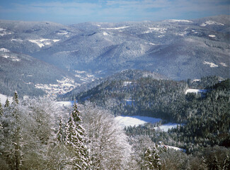 view to Wisla town and surroundings, Slaski Beskid Mountains, Silesian region, Poland