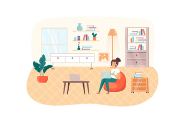 Designer working at home scene. Woman drawing graphics on laptop, typeset website or creates new digital product. Creative profession concept. Illustration of people characters in flat design