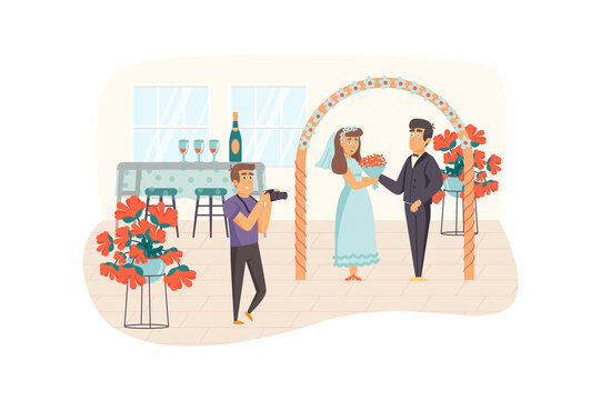Wedding photographer scene. Man photographing newlyweds, wedding ceremony, party celebration of marriage. Creative profession, memories concept. Illustration of people characters in flat design