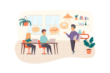 Business training scene. Coach gives seminar to office staff, team building. Improve professional skills, education, career growth concept. Illustration of people characters in flat design