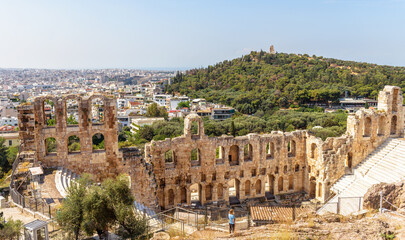 Panorama of Odeon of Herodes Atticus, Athens, Greece. Ancient Greek ruins view from Acropolis..