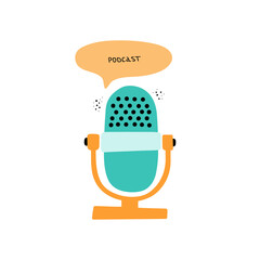 Podcast concept illustration. Media tool, mic and speech bubble doodle icon
