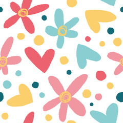 Seamless pattern with hearts and flowers. Dry brush. Summer style.