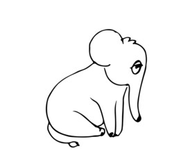 Cheerful cartoon elephant. Funny cute animal. Outline sketch. Hand drawing is isolated on a white background. Vector