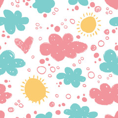 Cute seamless pattern with sun and clouds.