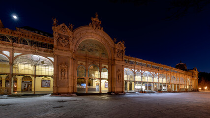Main colonnade in winter - night in the spa center of Mari&aacute;nsk&eacute; L&aacute;zně (Marienbad) - Czech Republic