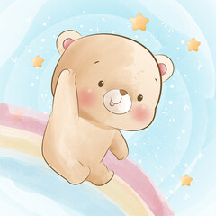 Cute little Bear playing slide rainbow