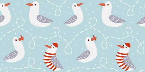 Seamless pattern with cute cartoon seagulls. Nautical hand drawn oil illustration for kids.  Cartoon flat marine background 