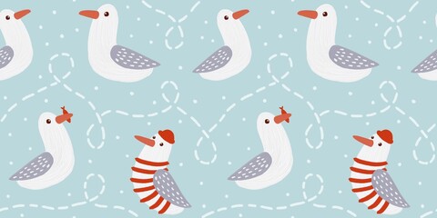 Seamless pattern with cute cartoon seagulls. Nautical hand drawn oil illustration for kids.  Cartoon flat marine background 