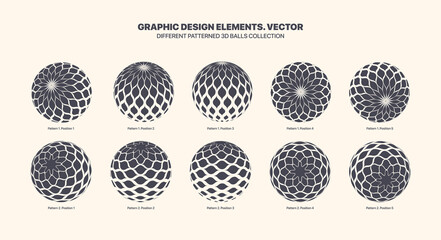 Assorted Various Vector Patterned 3D Balls In Different Positions With Scale Pattern Set Isolated On White Background. Geometric Graphic Black White Variety 3D Spheres Design Elements Art Collection