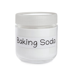 Closed jar of baking soda isolated on white