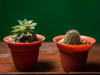 Two cacti in pot on green background, cute natural cacti isolated on green background.